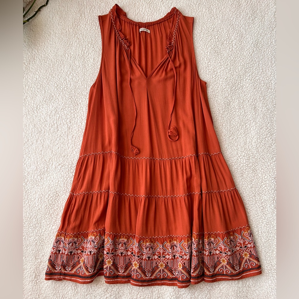 Max Studio Terracotta Textured Sleeveless Embroidered Dress with Tassels